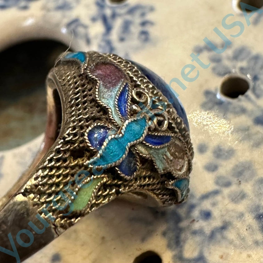Vintage Chinese Export Silver Filigree Lapis Butterfly Ring