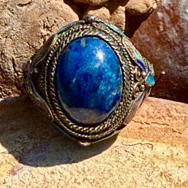 Vintage Chinese Export Silver Filigree Lapis Butterfly Ring