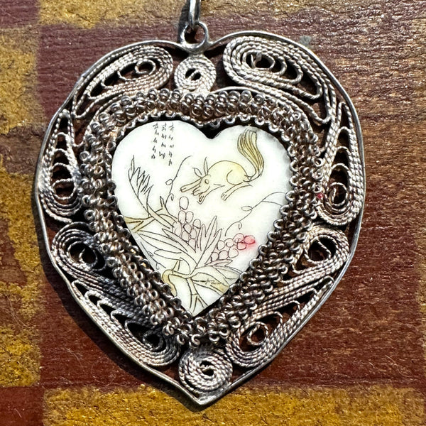 Vintage 925 Sterling 2024 Glass Mosaic Heart Pendant Necklace