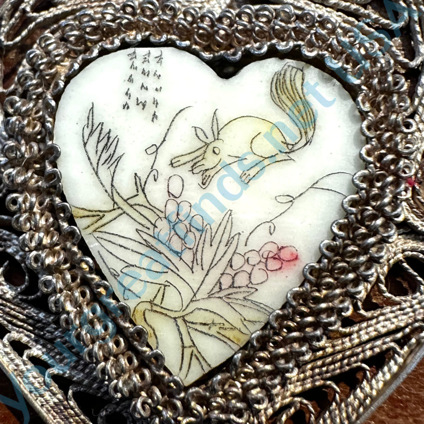 Vintage Chinese Export Sterling Silver Filigree Heart Necklace