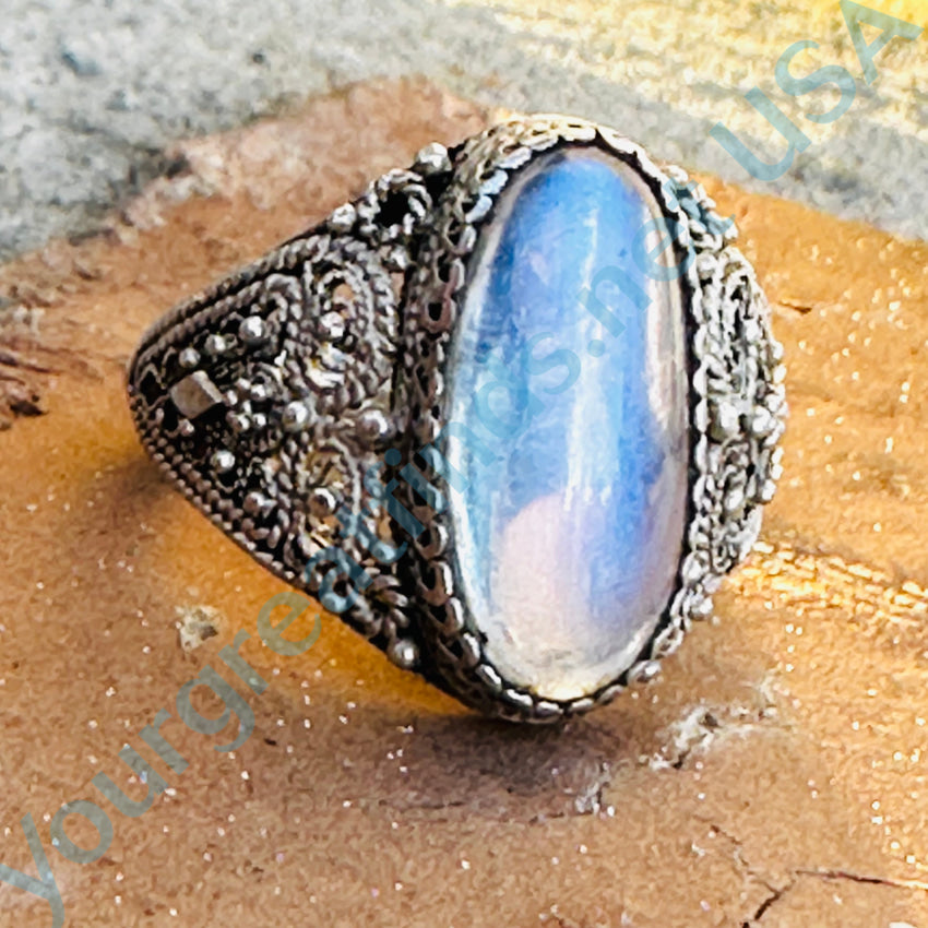 Vintage Chinese Export Sterling Silver Filigree Moonstone Ring 7