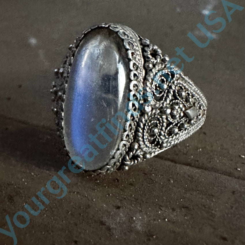 Vintage Chinese Export Sterling Silver Filigree Moonstone Ring 7
