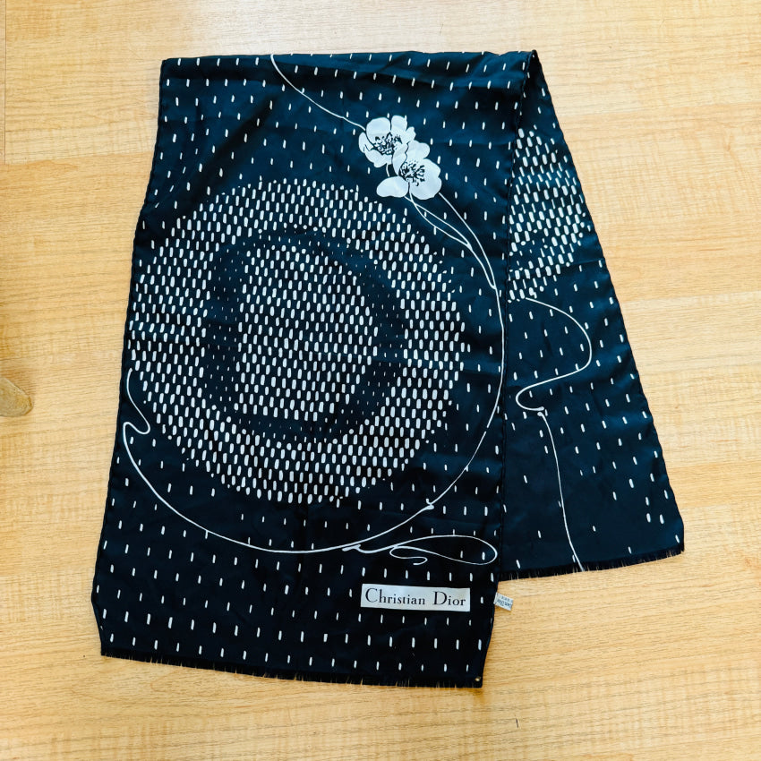 Vintage Christian Dior Silk Long Scarf Black & White Made in France scarf