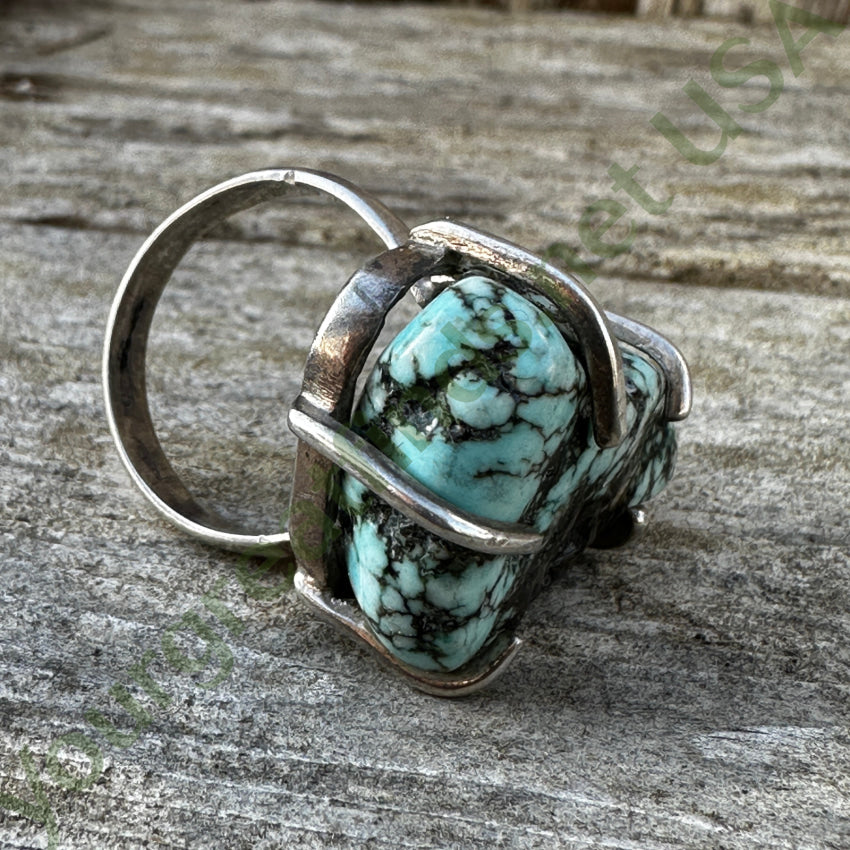 Vintage Chunky Spider Web Turquoise Sterling Silver Ring 8.5 Ring