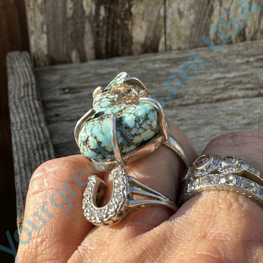 Vintage Chunky Spider Web Turquoise Sterling Silver Ring 8.5 Ring