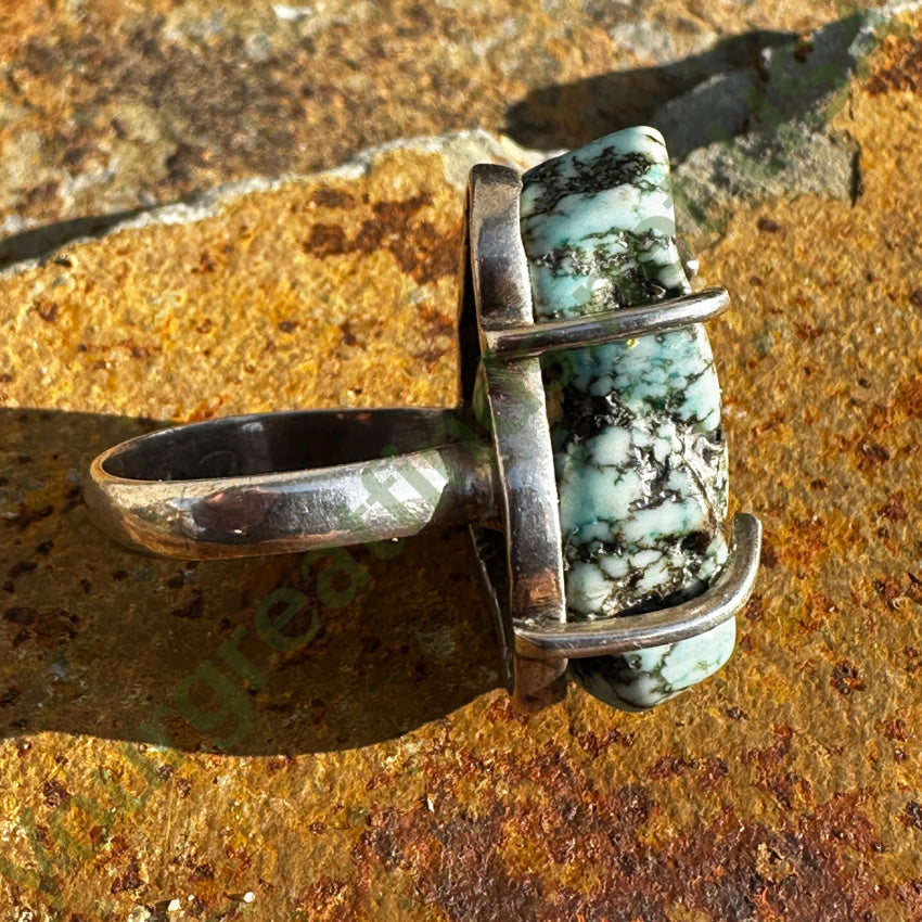 Vintage Chunky Spider Web Turquoise Sterling Silver Ring 8.5 Ring