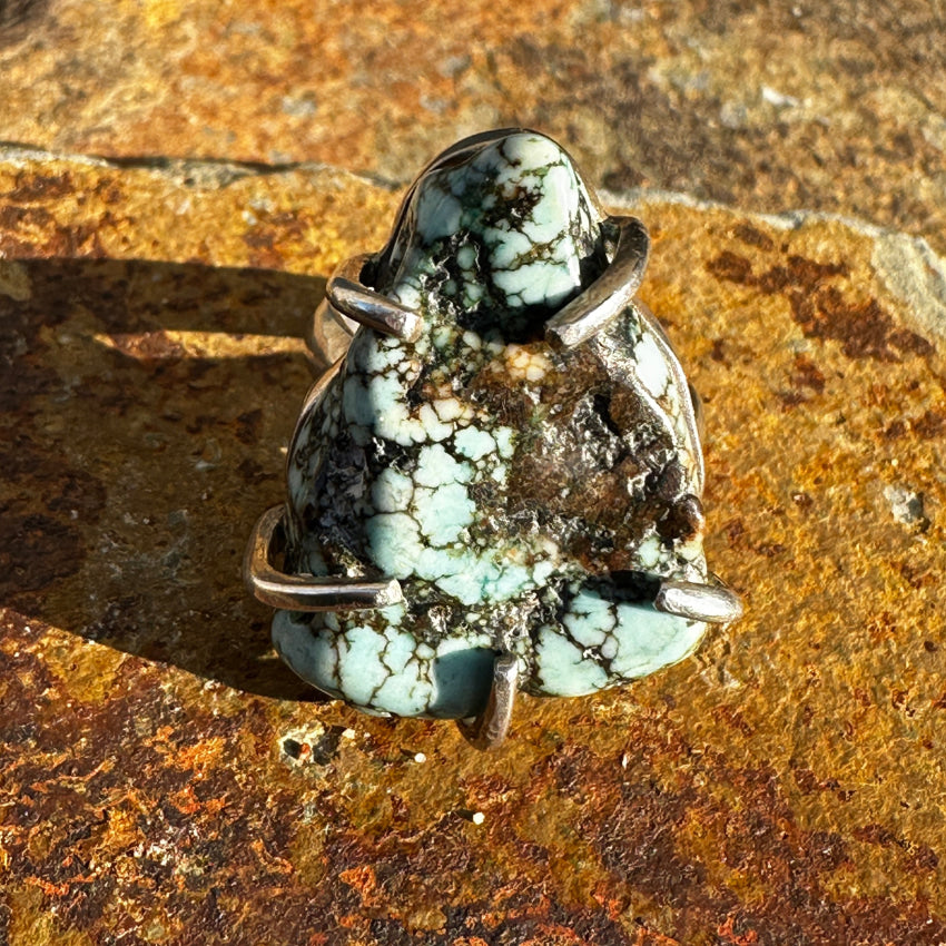 Vintage Chunky Spider Web Turquoise Sterling Silver Ring 8.5 Ring