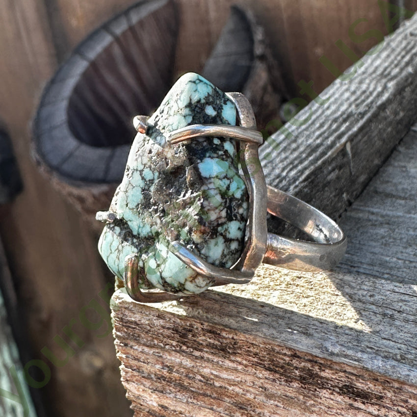 Vintage Chunky Spider Web Turquoise Sterling Silver Ring 8.5 Ring