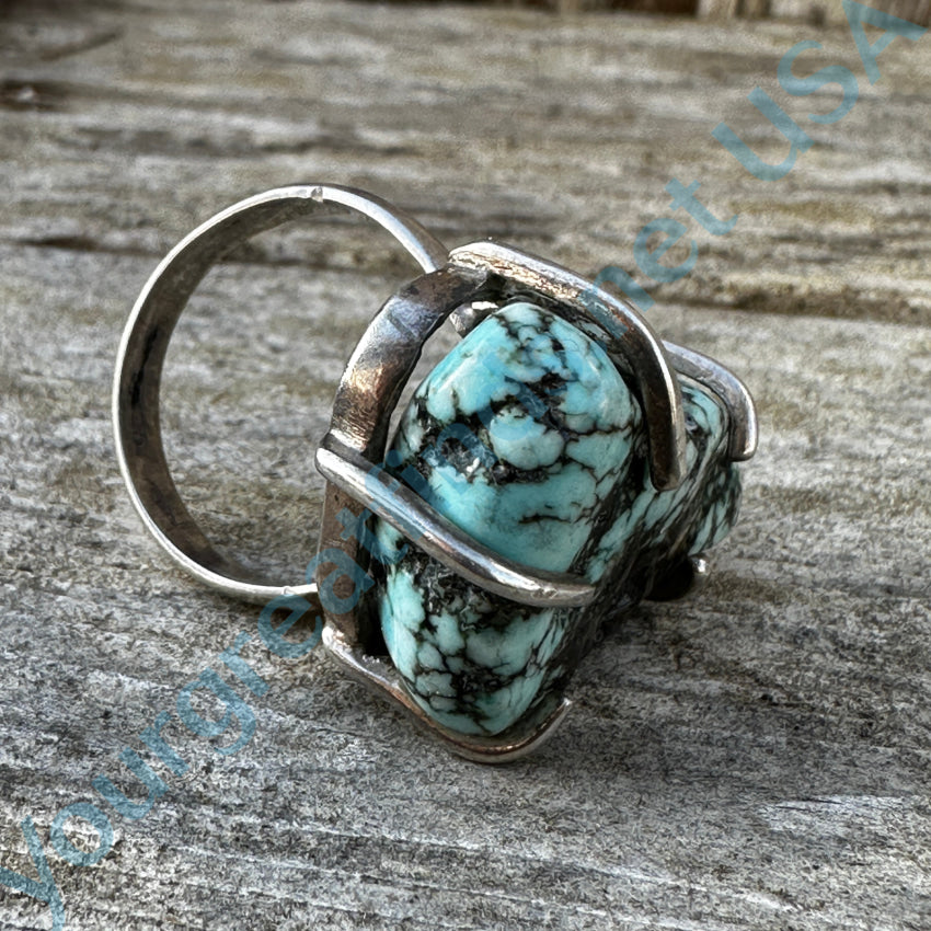 Vintage Chunky Spider Web Turquoise Sterling Silver Ring 8.5 Ring