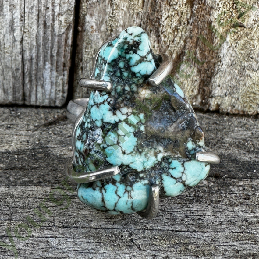 Vintage Chunky Spider Web Turquoise Sterling Silver Ring 8.5 Ring