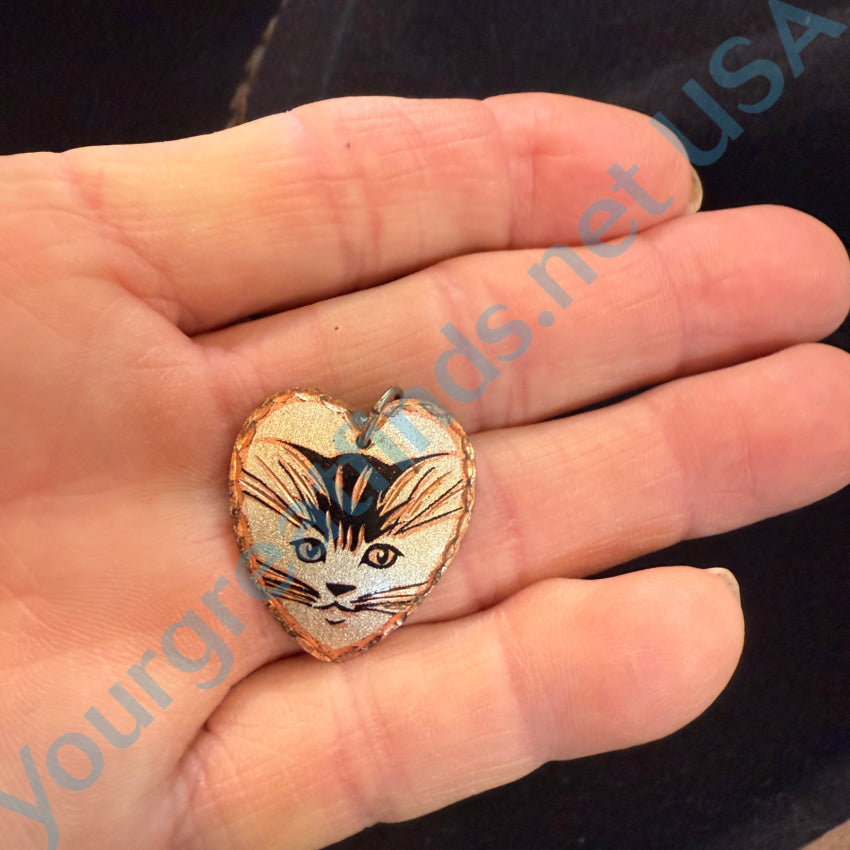 Vintage Copper & Enamel Heart Cat Pendant Pendant