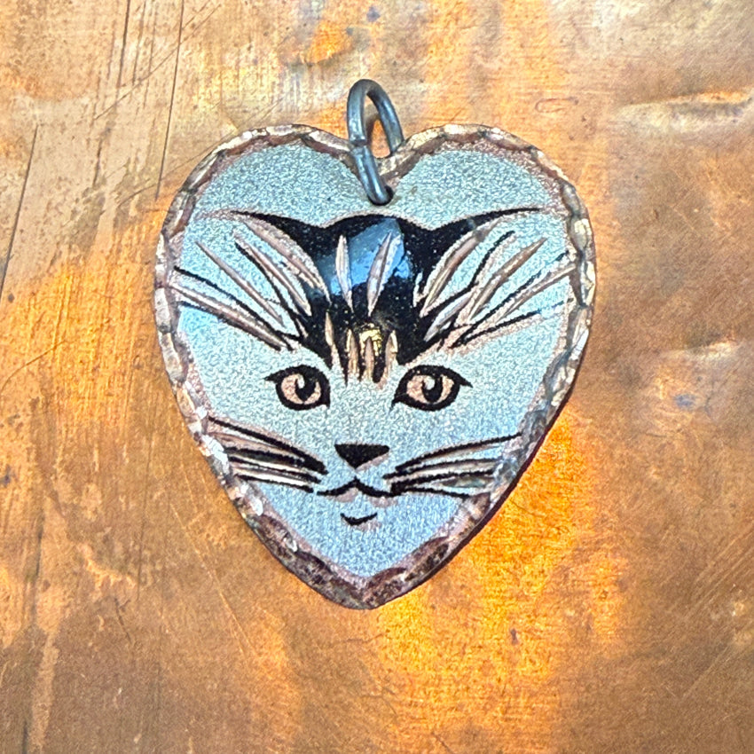 Vintage Copper & Enamel Heart Cat Pendant Pendant