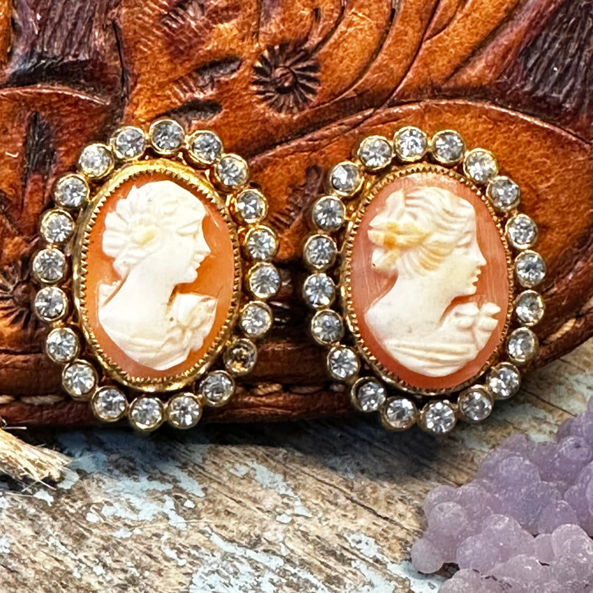 Vintage Coro Goldtone Carved Shell & Paste Screw Back Earrings