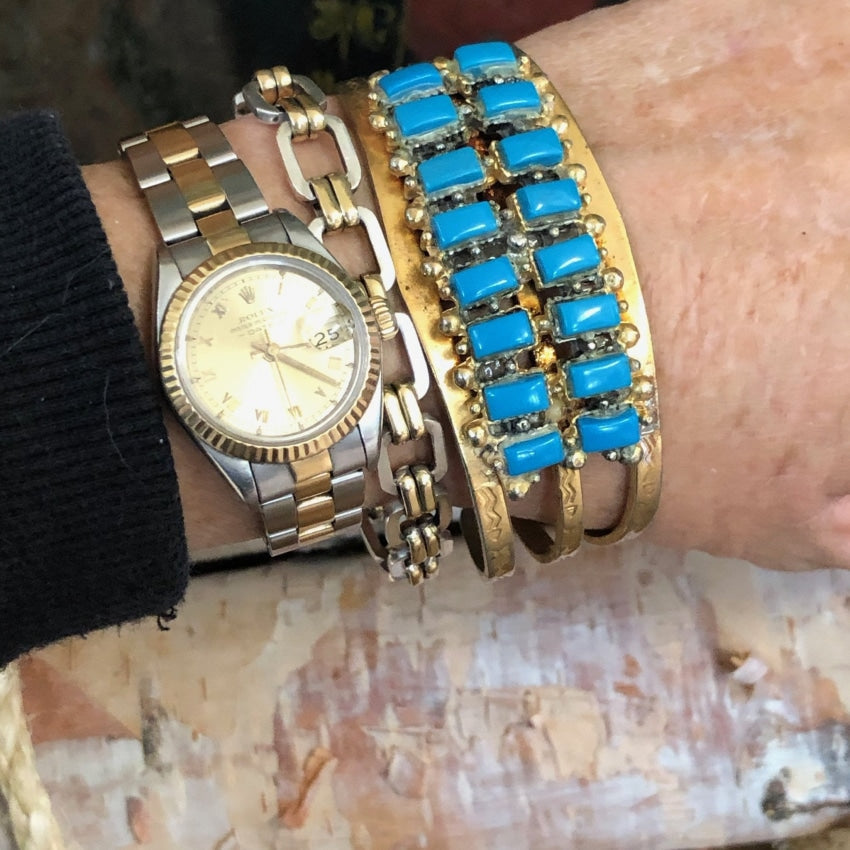 Vintage Costume Grade Gold Tone and Faux Turquoise Row Bracelet Yourgreatfinds