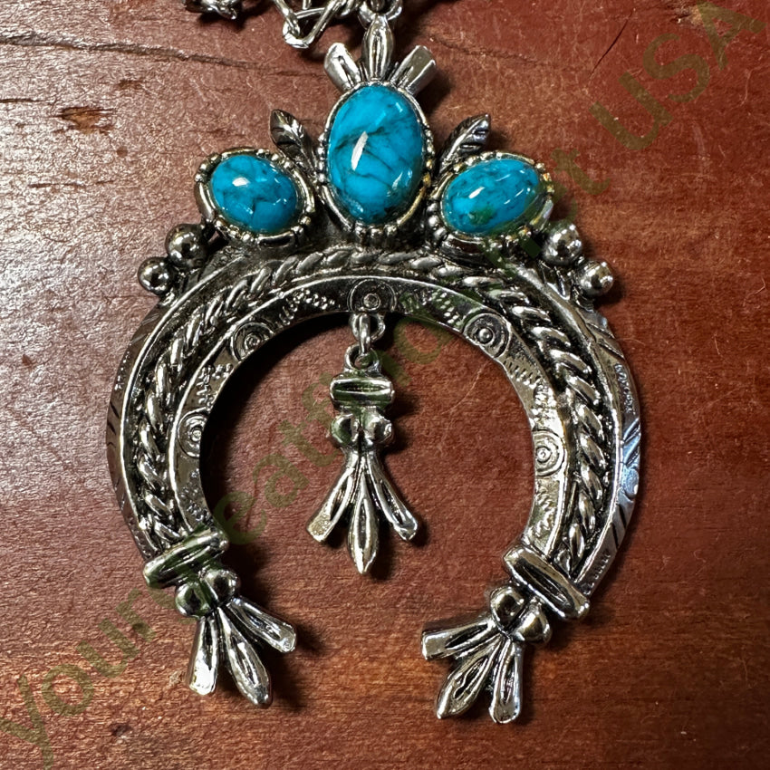 Vintage Costume Grade Silver Tone Naja Necklace Faux Turquoise