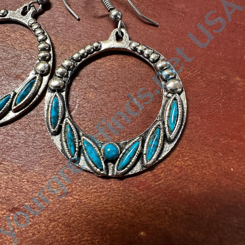 Vintage Costume Grade Silver Tone Needlepoint Faux Turquoise Pierced Hoop Earrings Earrings