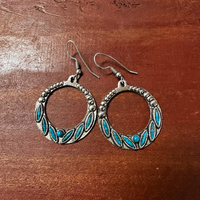 Vintage Costume Grade Silver Tone Needlepoint Faux Turquoise Pierced Hoop Earrings Earrings