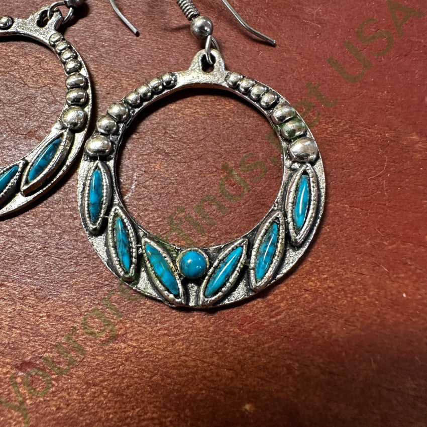 Vintage Costume Grade Silver Tone Needlepoint Faux Turquoise Pierced Hoop Earrings Earrings