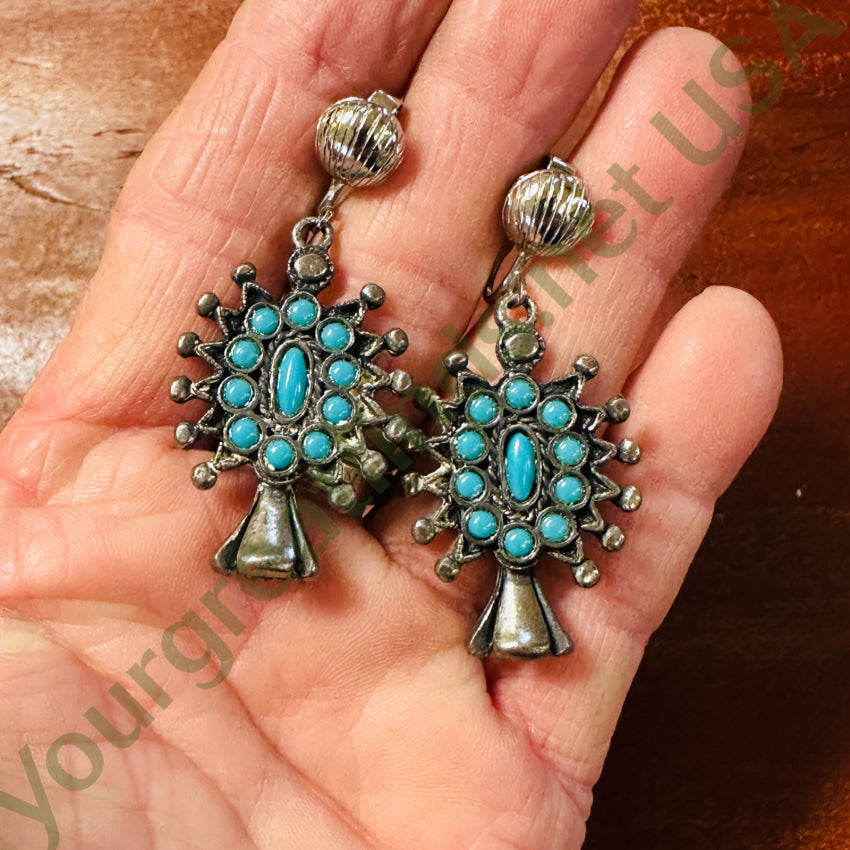 Vintage Costume Grade Silver Tone Snake Eye Faux Turquoise Clip Earrings Earrings