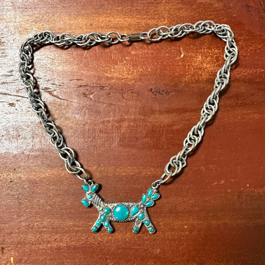 Vintage Costume Grade Siver & Faux Turquoise Horse Necklace Necklace
