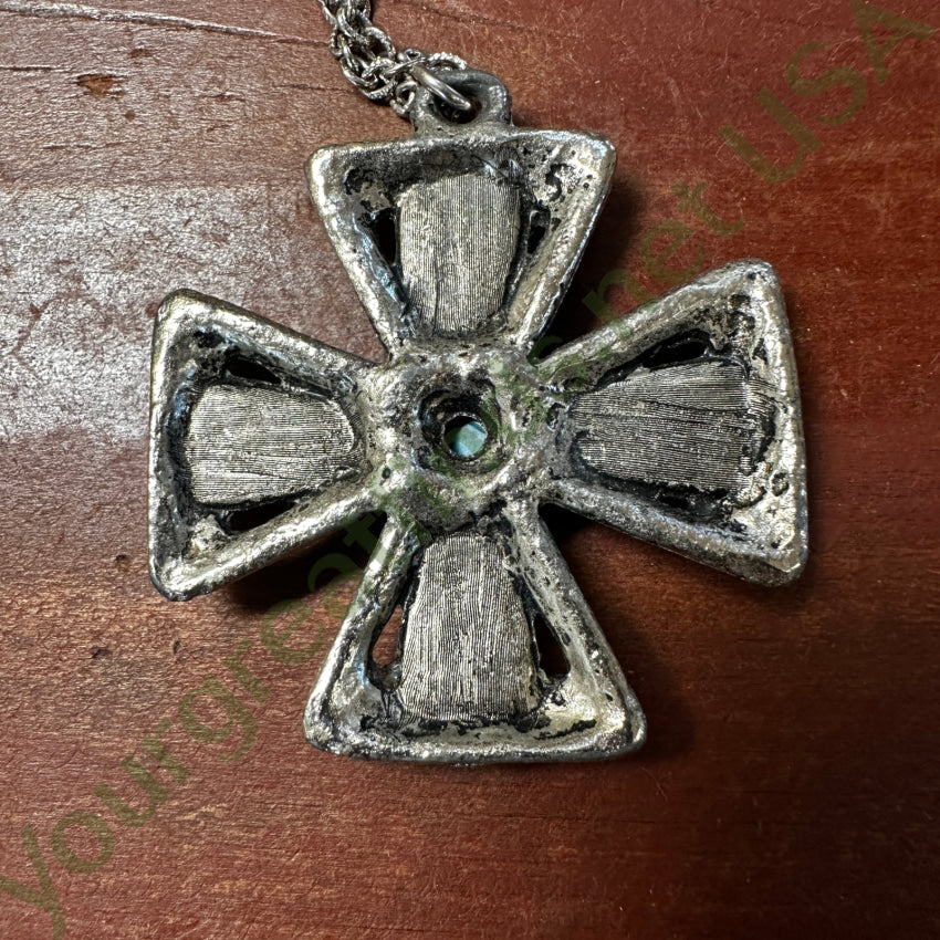 Vintage Costume Silver Tone & Faux Turquoise Maltese Cross Necklace Necklace
