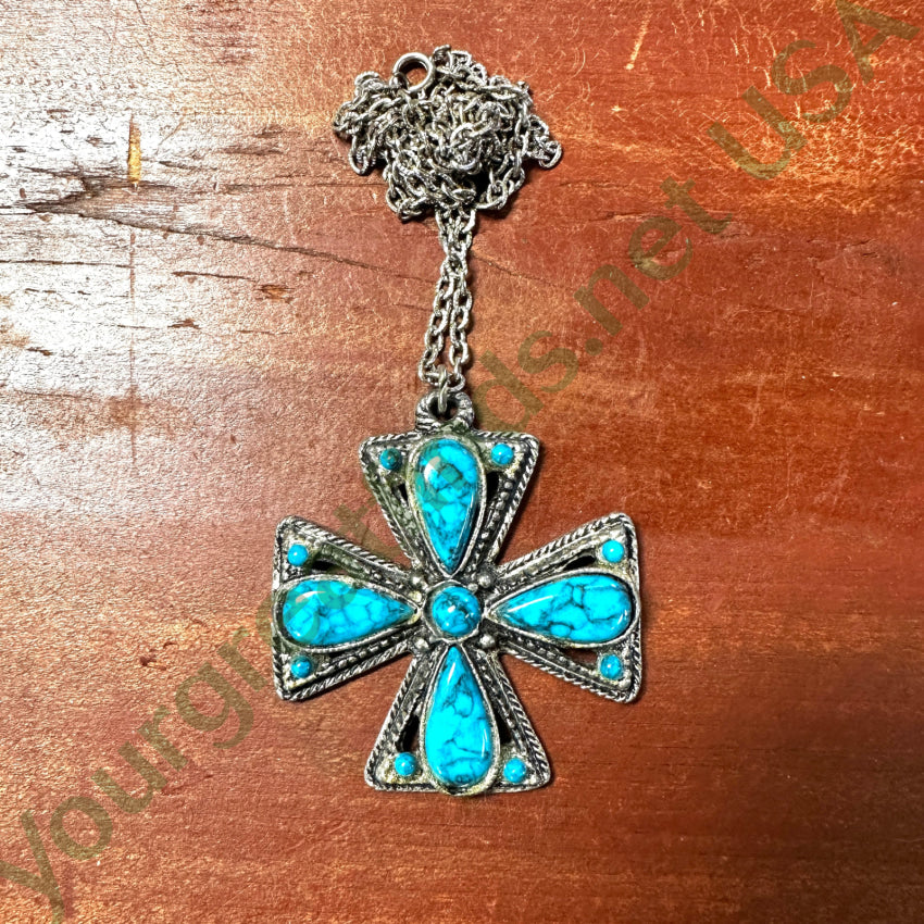 Vintage Costume Silver Tone & Faux Turquoise Maltese Cross Necklace Necklace