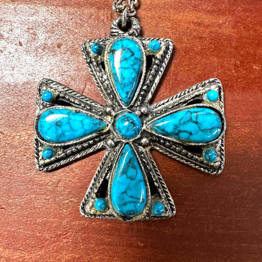 Vintage Costume Silver Tone & Faux Turquoise Maltese Cross Necklace Necklace