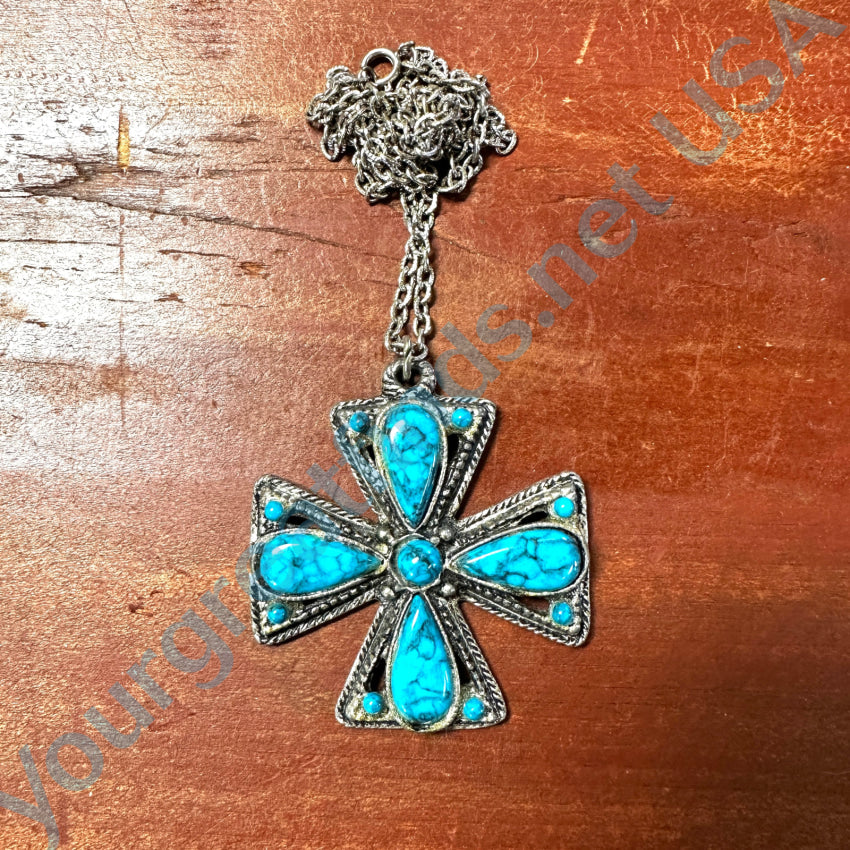 Vintage Costume Silver Tone & Faux Turquoise Maltese Cross Necklace Necklace