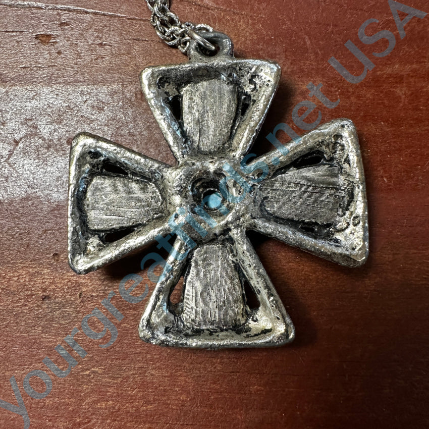 Vintage Costume Silver Tone & Faux Turquoise Maltese Cross Necklace Necklace