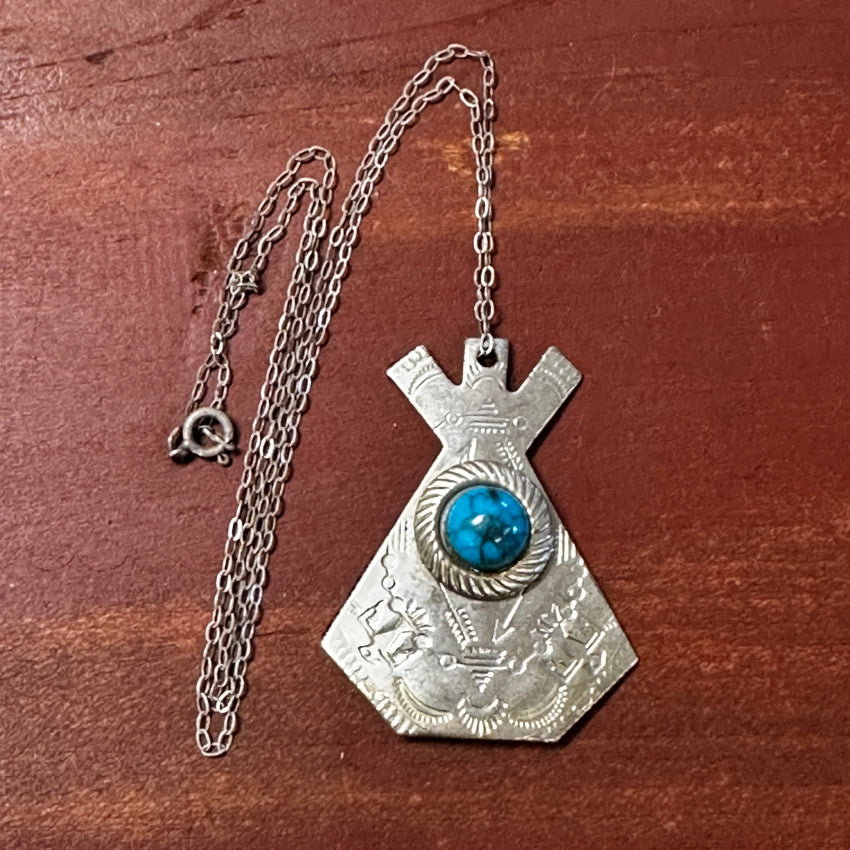 Vintage Costume Silver Tone & Faux Turquoise Necklace Sterling Chain Necklace