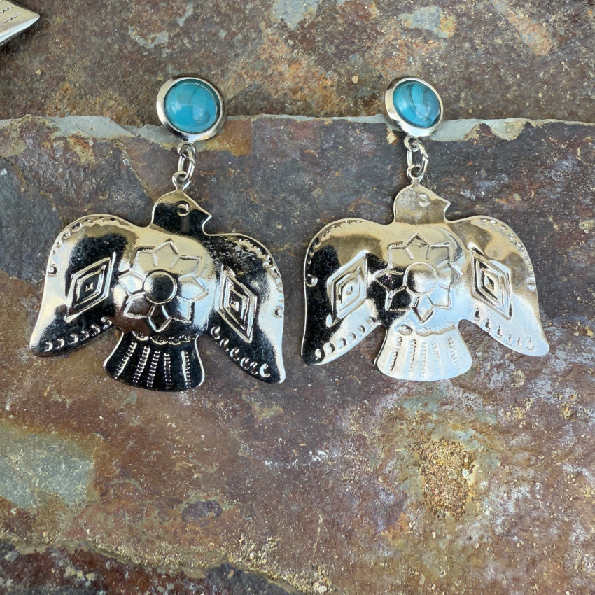 Vintage Costume Silvertone Thunderbird Pierced Earrings Earrings