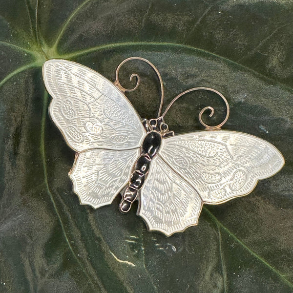 1950's English newest butterfly white and green enameled Sterling silver brooch , Mid Century jewelry, guilloche enamel