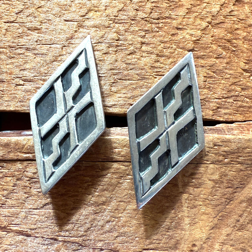 Vintage Diamond Shaped Sterling Silver Pierced Post Earrings Mexico Earrings