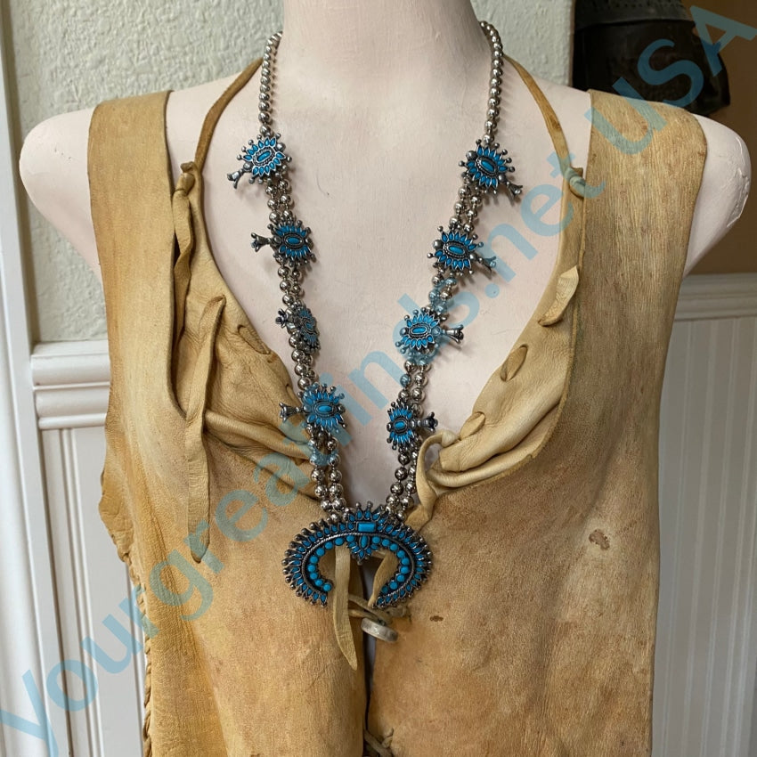 Vintage Fashion Silver Faux Turquoise Squash Blossom Necklace Necklaces