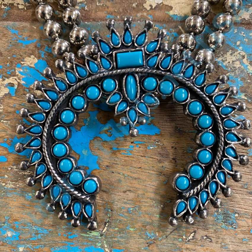 Vintage Fashion Silver Faux Turquoise Squash Blossom Necklace Necklaces