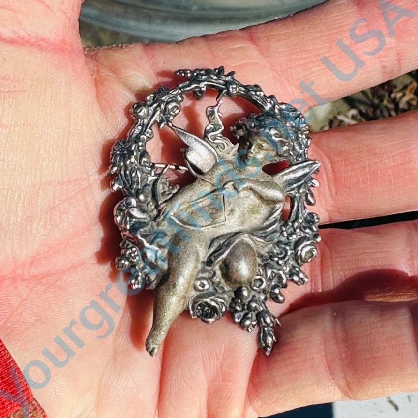 Vintage Floral Cupid Pendant Pin Sterling Silver