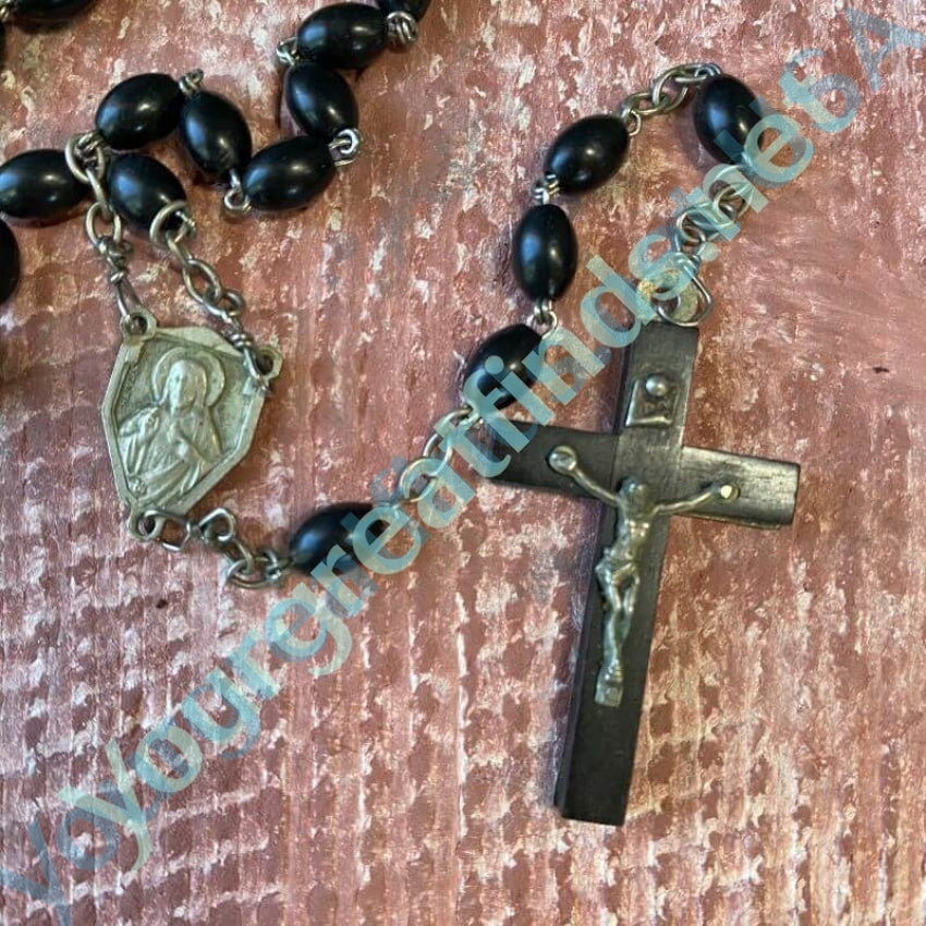 Vintage French Black Bead Rosary with Wooden Crucifix Yourgreatfinds