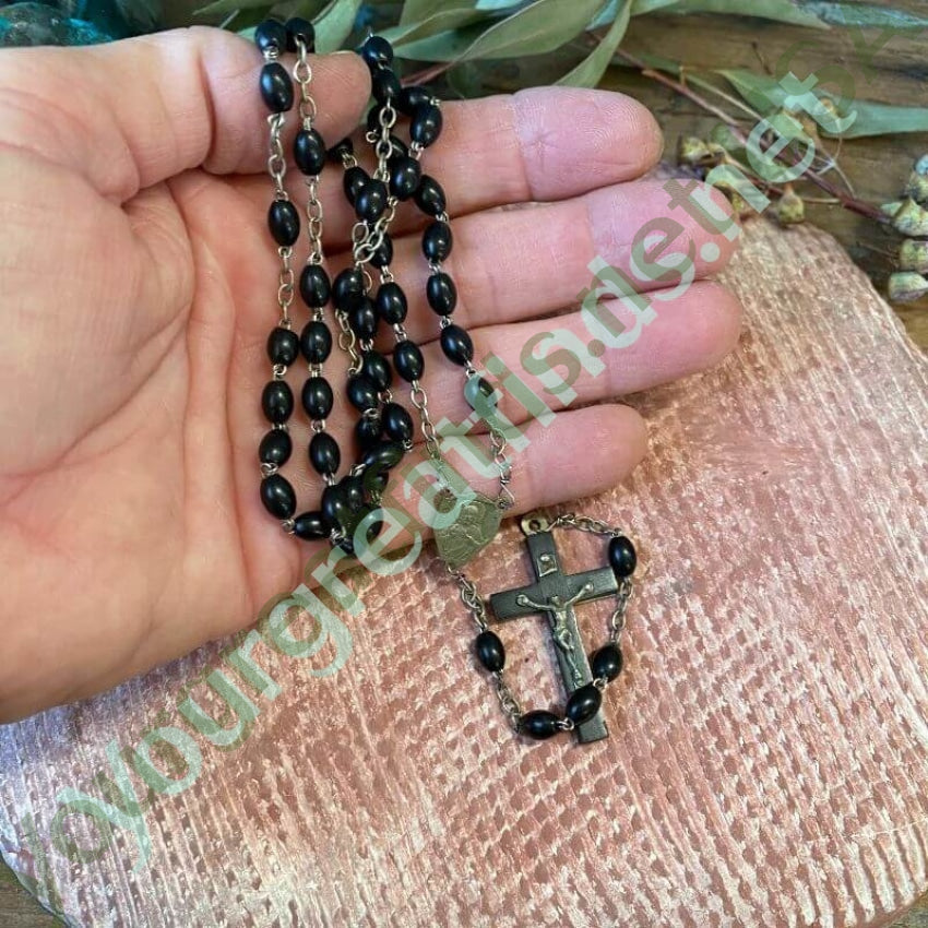 Vintage French Black Bead Rosary with Wooden Crucifix Yourgreatfinds