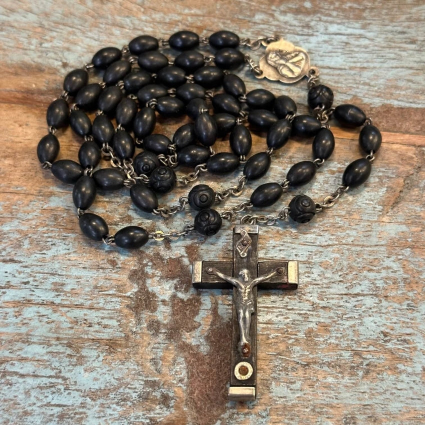 Vintage French Sterling Silver Catacombe Ebony Rosary