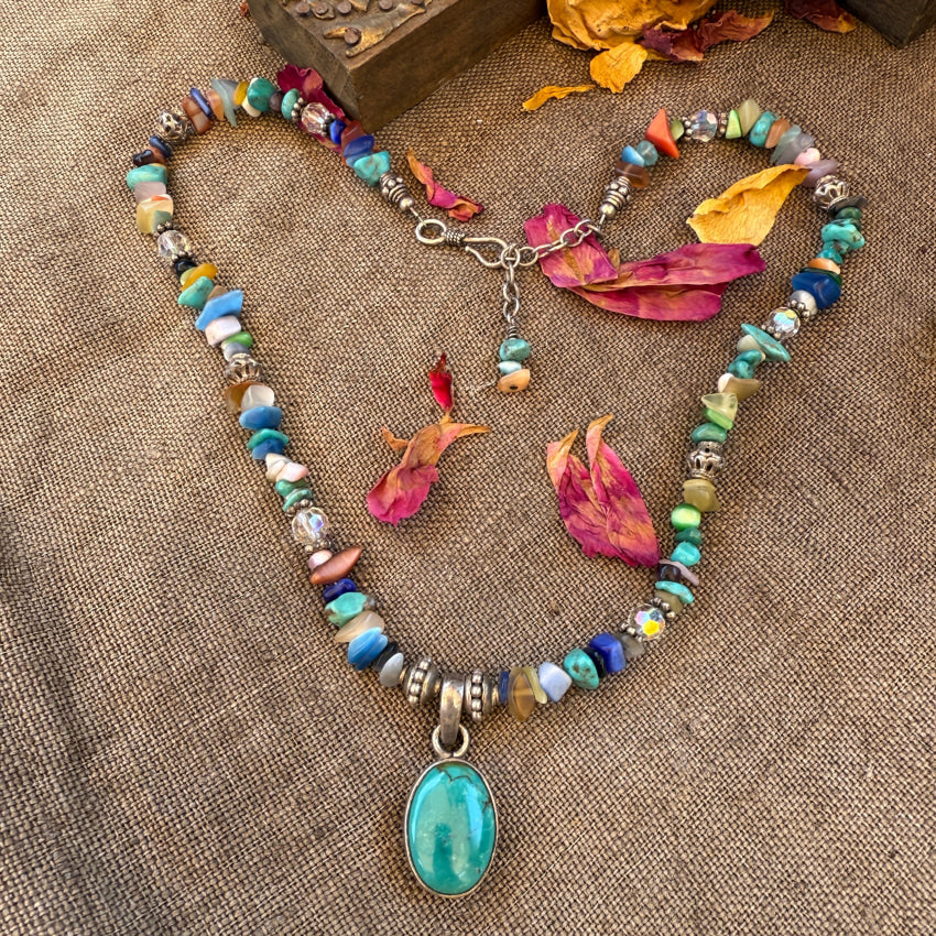 Vintage Gemstone Bead Necklace Turquoise & Sterling Pendant pin