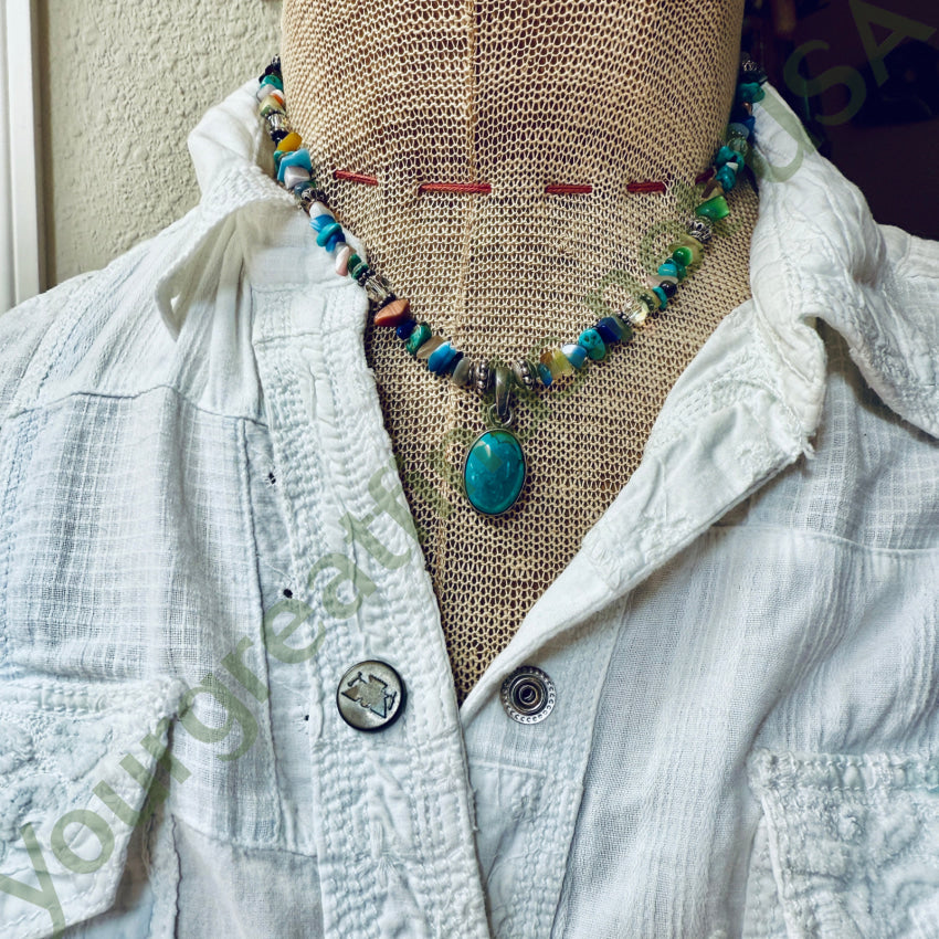 Vintage Gemstone Bead Necklace Turquoise & Sterling Pendant pin