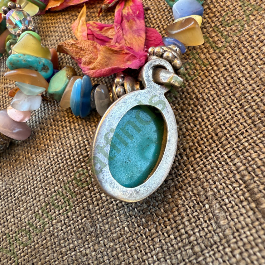 Vintage Gemstone Bead Necklace Turquoise & Sterling Pendant pin