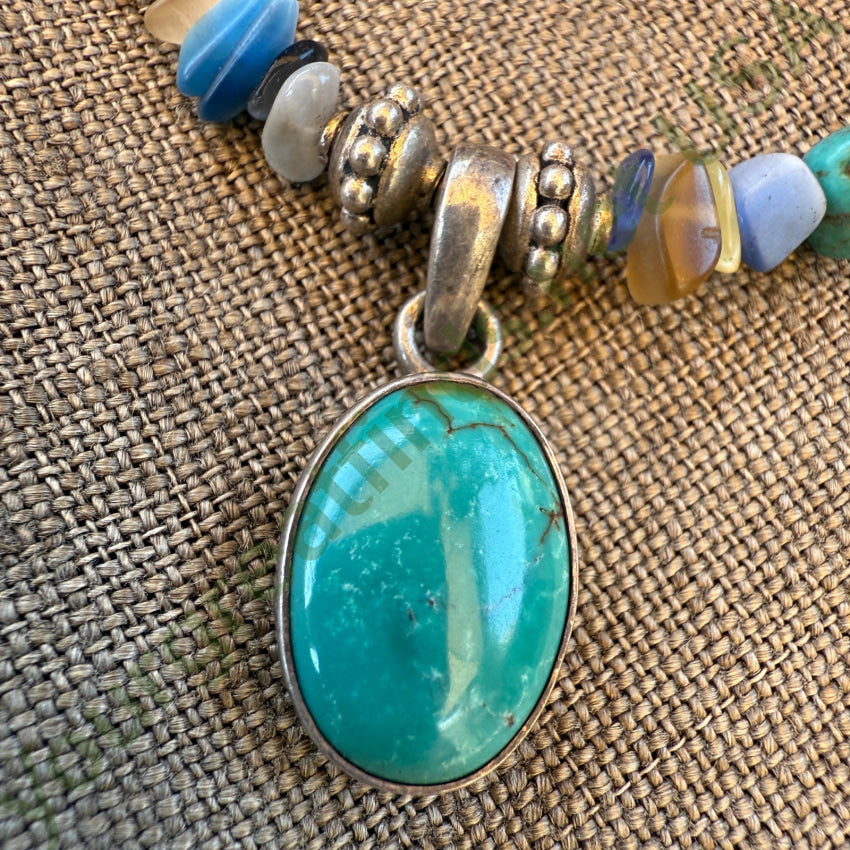 Vintage Gemstone Bead Necklace Turquoise & Sterling Pendant pin