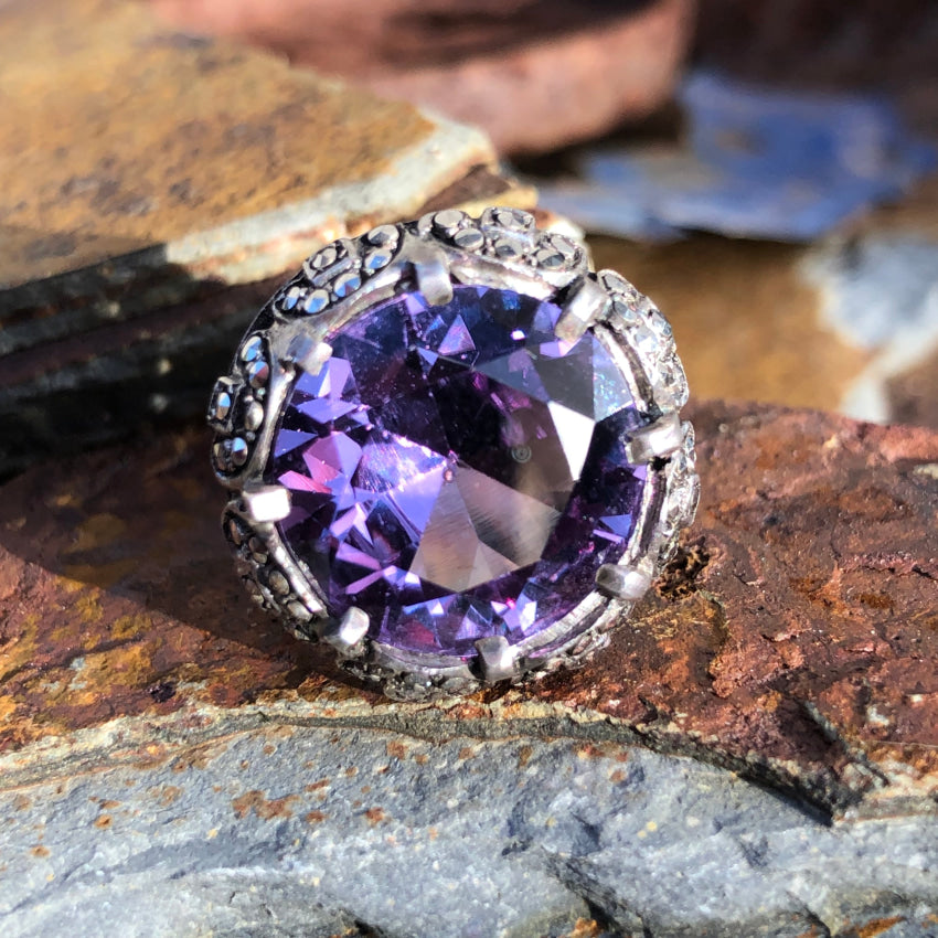 Vintage German Sterling Silver 10 Carat Synthetic Alexandrite Ring Size 7