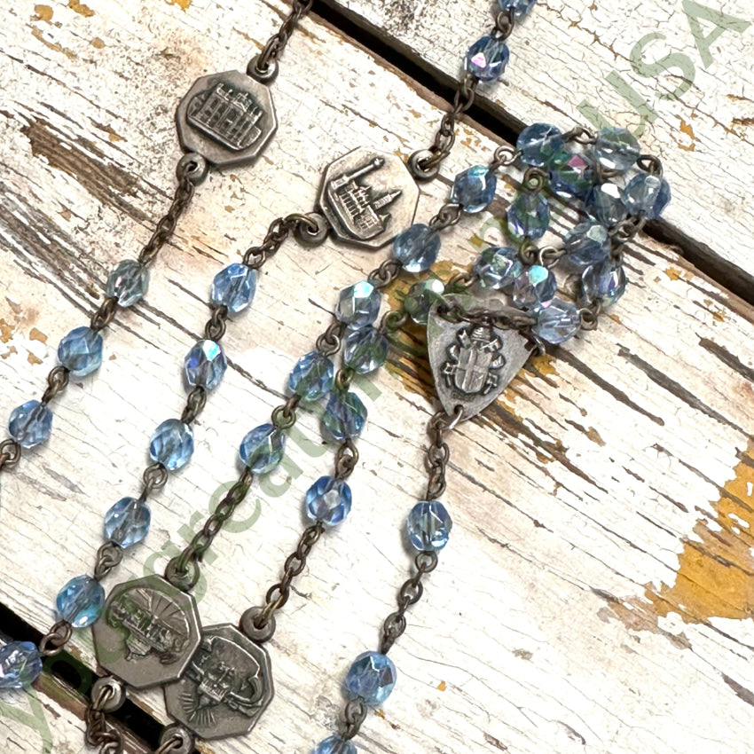 Vintage Glass Blue Beaded Commemorative Rosary