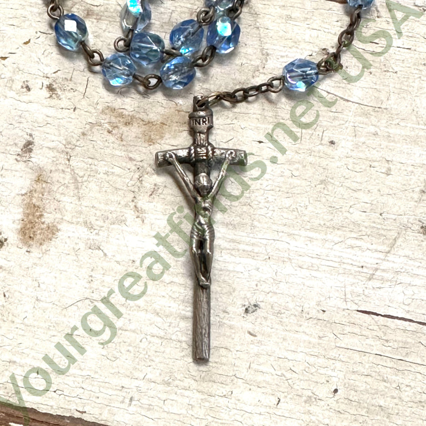 Vintage Glass Blue Beaded Commemorative Rosary
