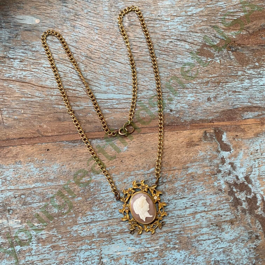 Vintage Gold Filled Cameo Necklace Paste Rhinestones Necklaces