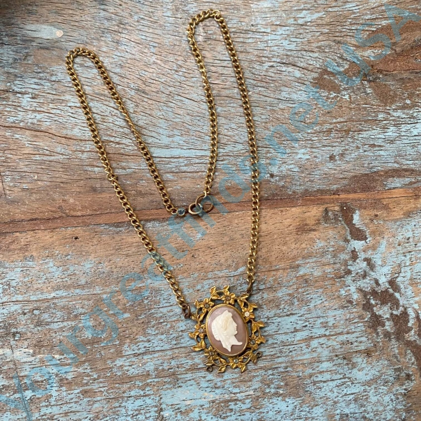 Vintage Gold Filled Cameo Necklace Paste Rhinestones Necklaces