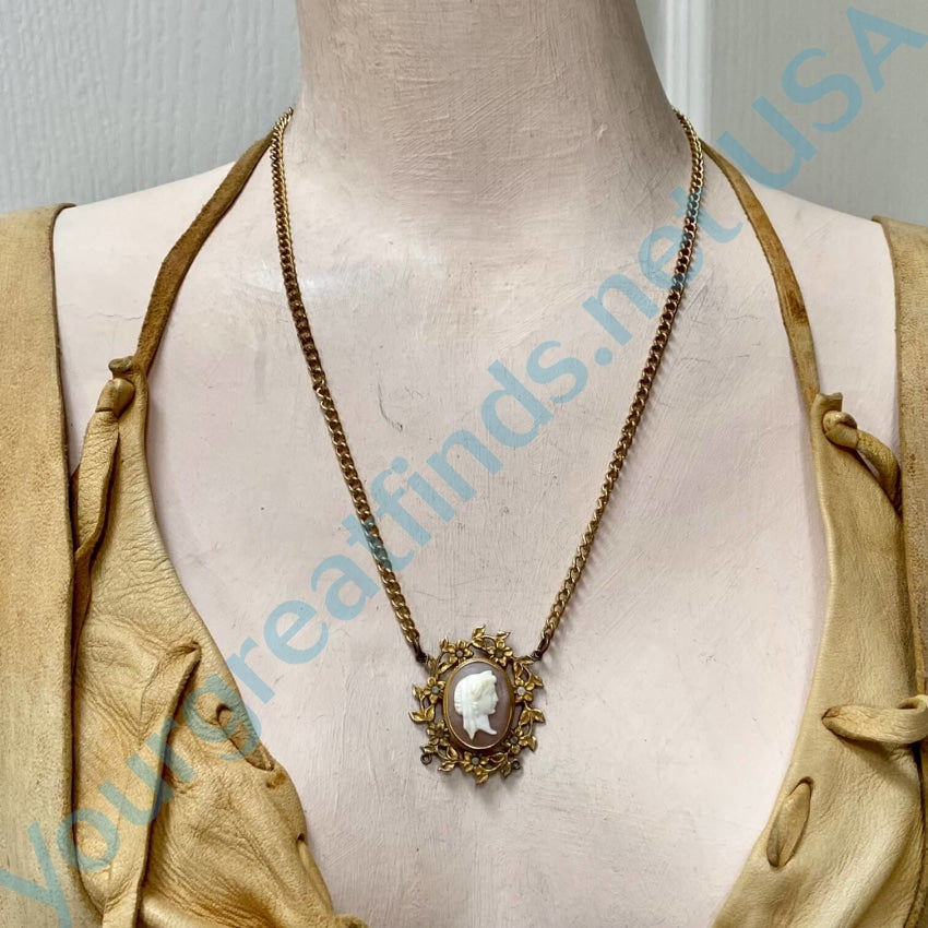 Vintage Gold Filled Cameo Necklace Paste Rhinestones Necklaces