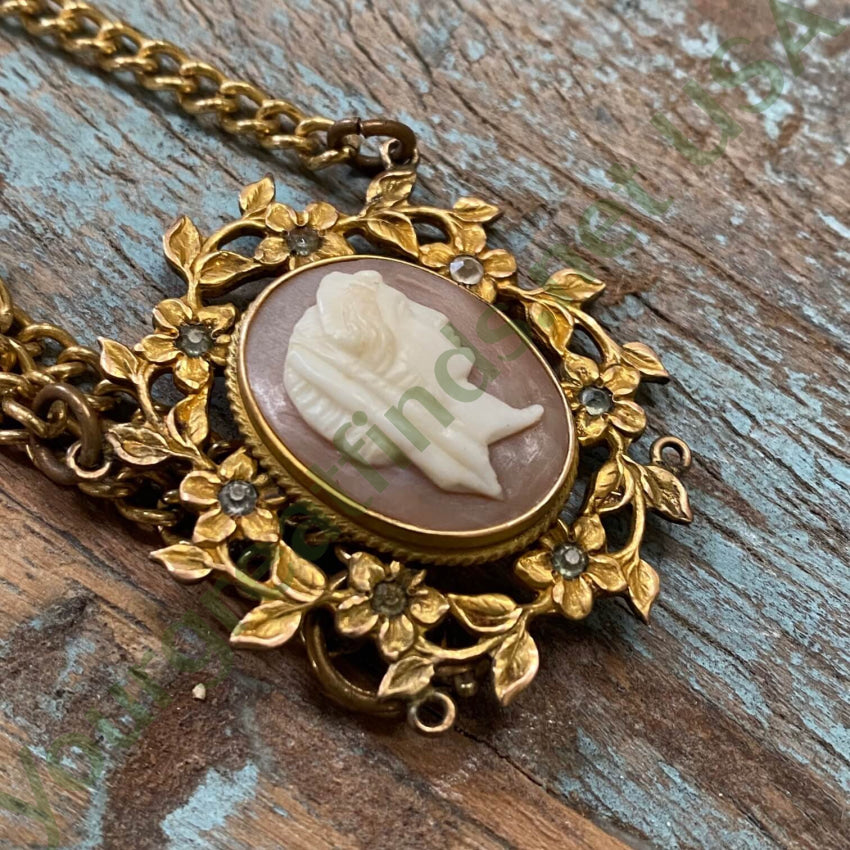 Vintage Gold Filled Cameo Necklace Paste Rhinestones Necklaces